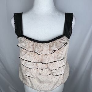 Chelsea Flower Ruffle Front Top 100% Silk Blush Pink Black Trim Size M Coquette